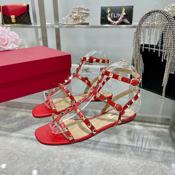 Rockstud Sandal With Straps In Cherry Red Calfskin