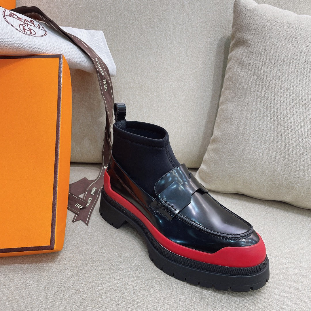 Hm Short Boot Black Red Cowhide 348003