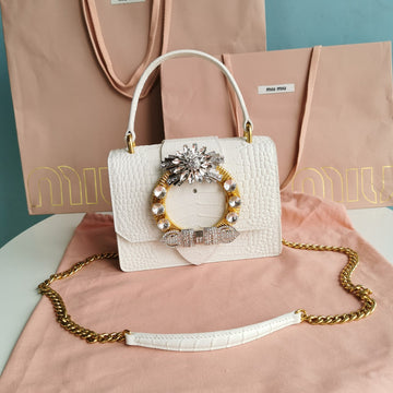 Lady 20 Handbag In Crocodile Pattern White Calfskin