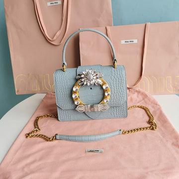 Lady 20 Handbag In Crocodile Pattern Blue Mint Calfskin