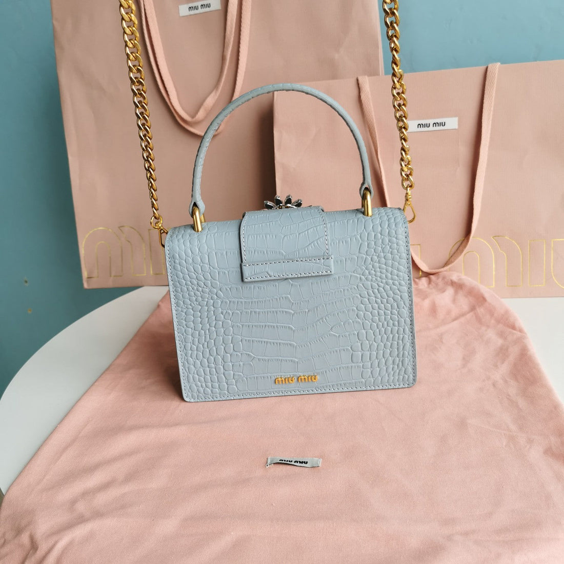 Lady 20 Handbag In Crocodile Pattern Blue Mint Calfskin