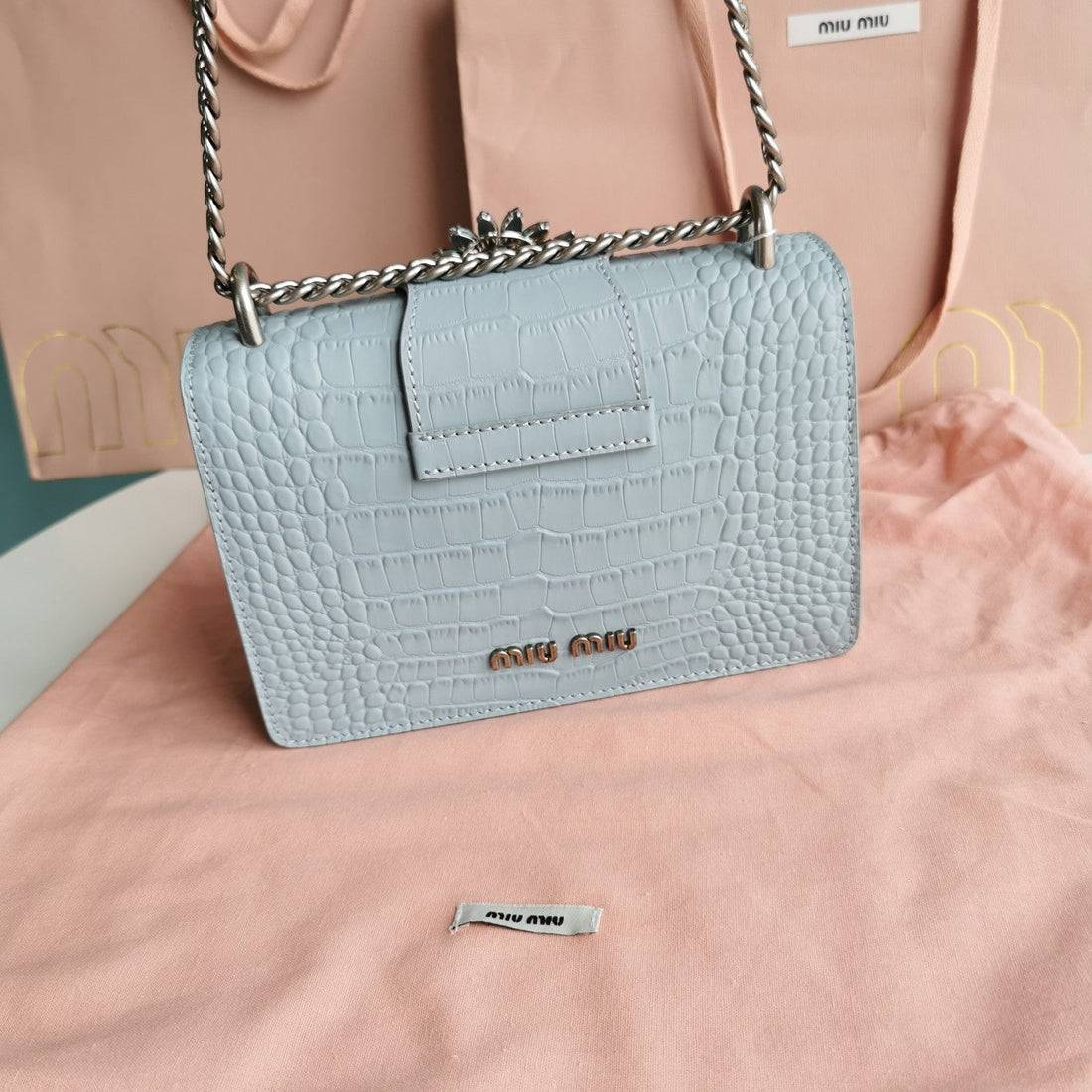 Lady 20 Handbag In Crocodile Pattern Blue Pastel Calfskin