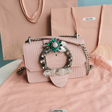 Lady 20 Handbag In Crocodile Pattern Light Pink Calfskin