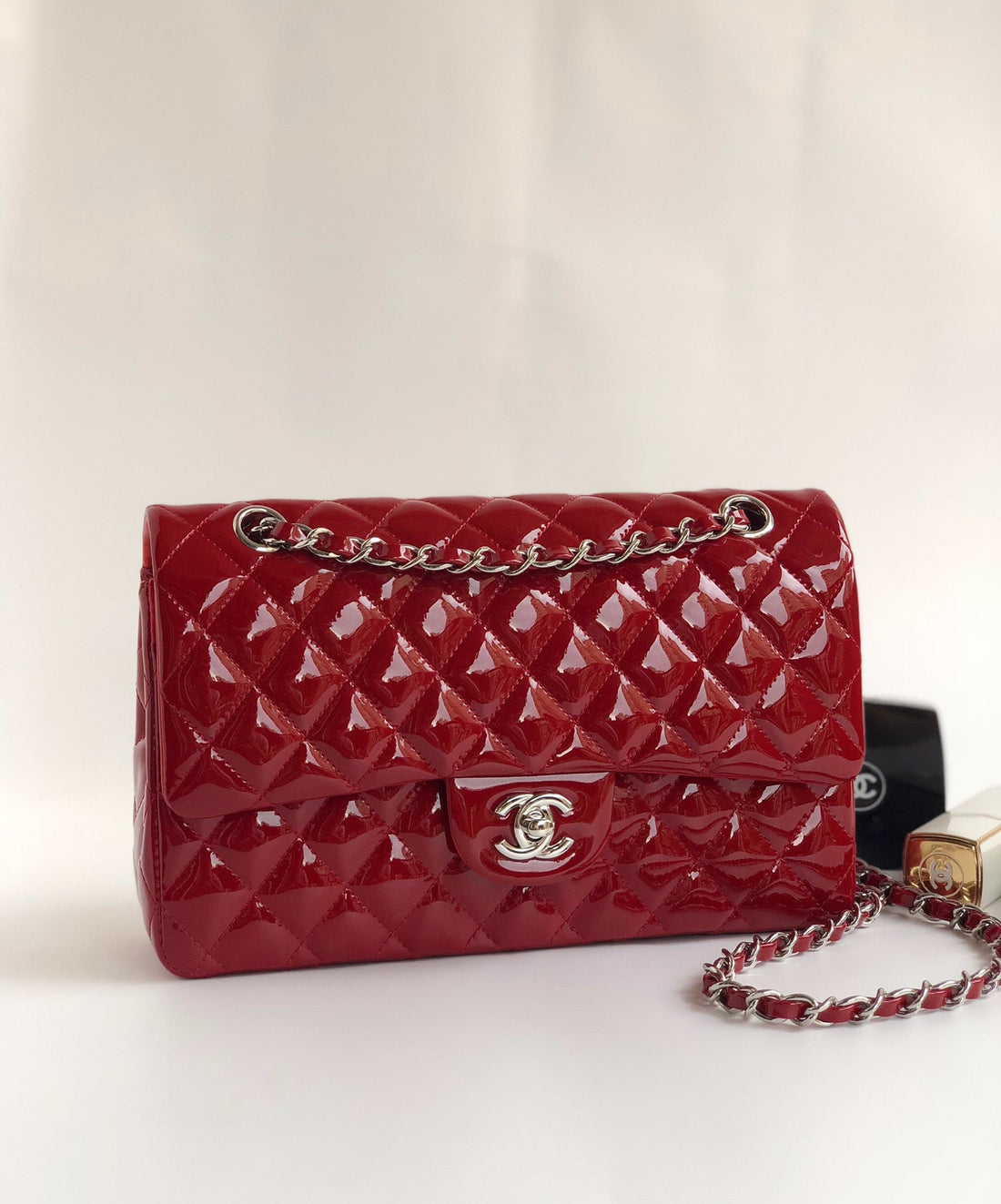 Flap Bag Medium 25CM Red Patent Calfskin Silver Hardware
