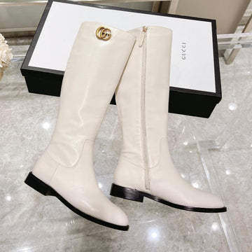 GG Classic Knee High Boots In White Imported Calfskin
