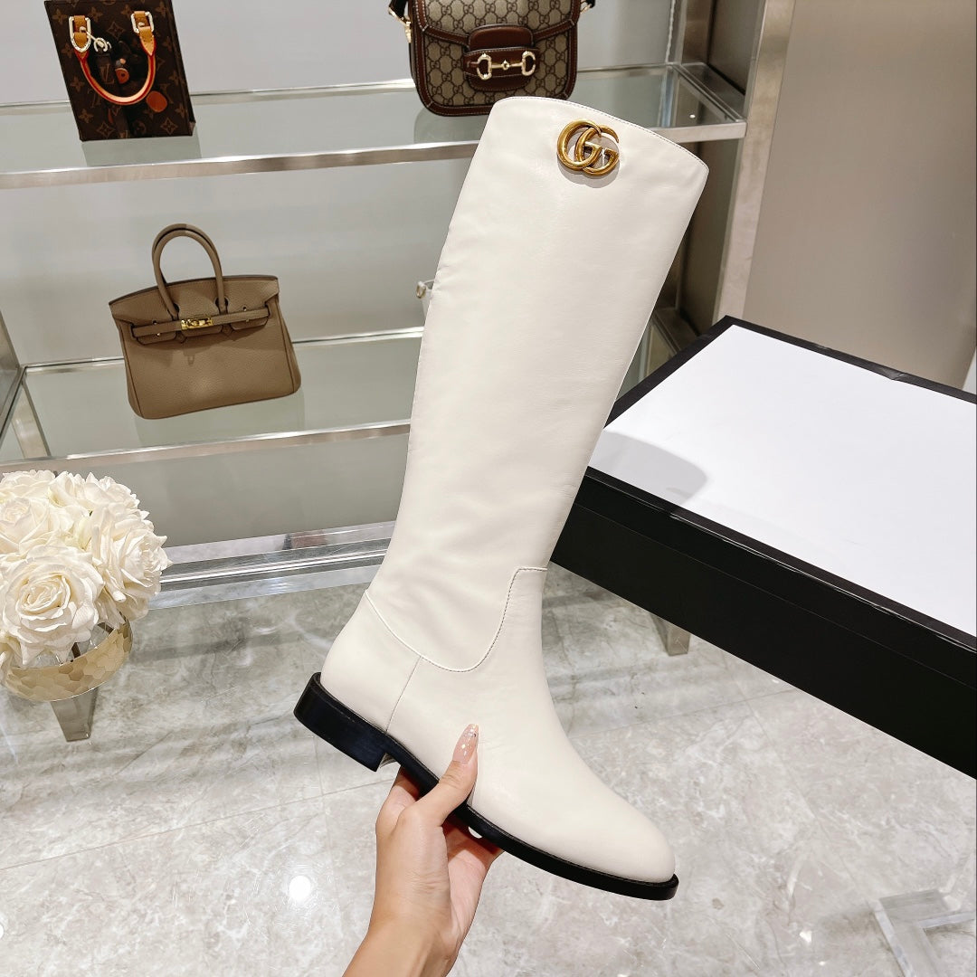 GG Classic Knee High Boots In White Imported Calfskin