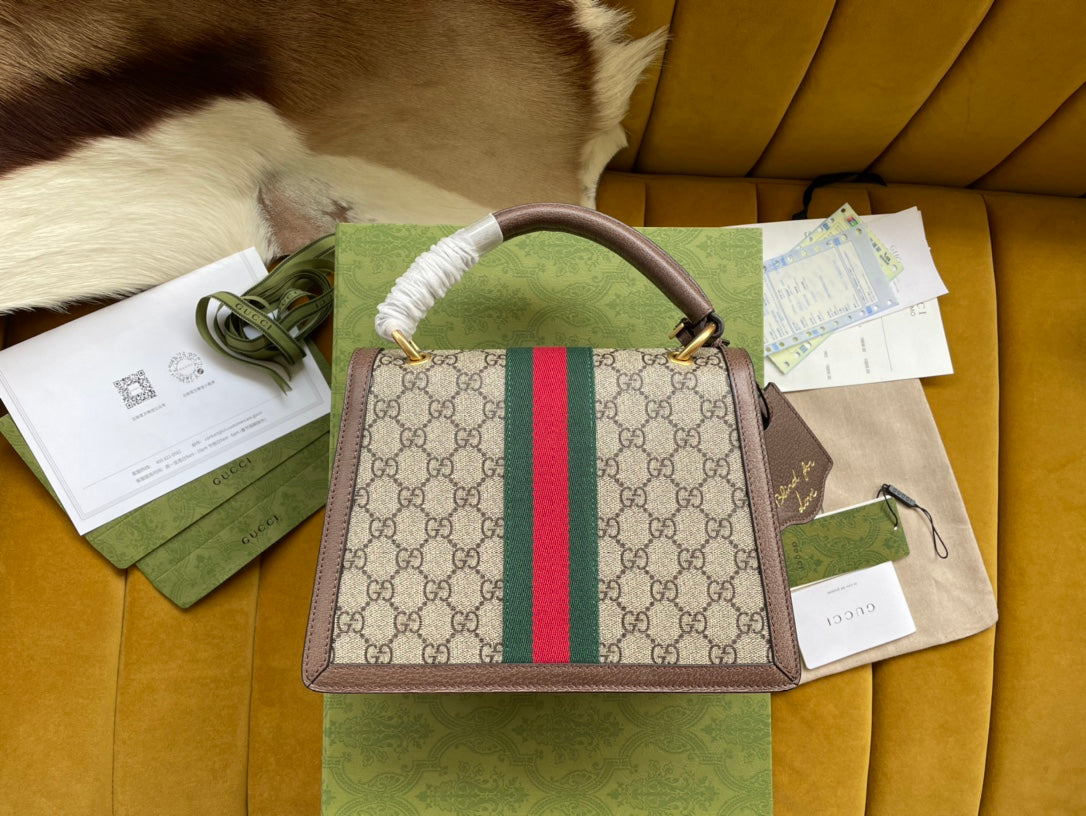 GG Mini 25 Handbag In Beige Canvas And Brown Calfskin