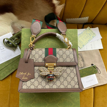 GG Mini 25 Handbag In Beige Canvas And Brown Calfskin