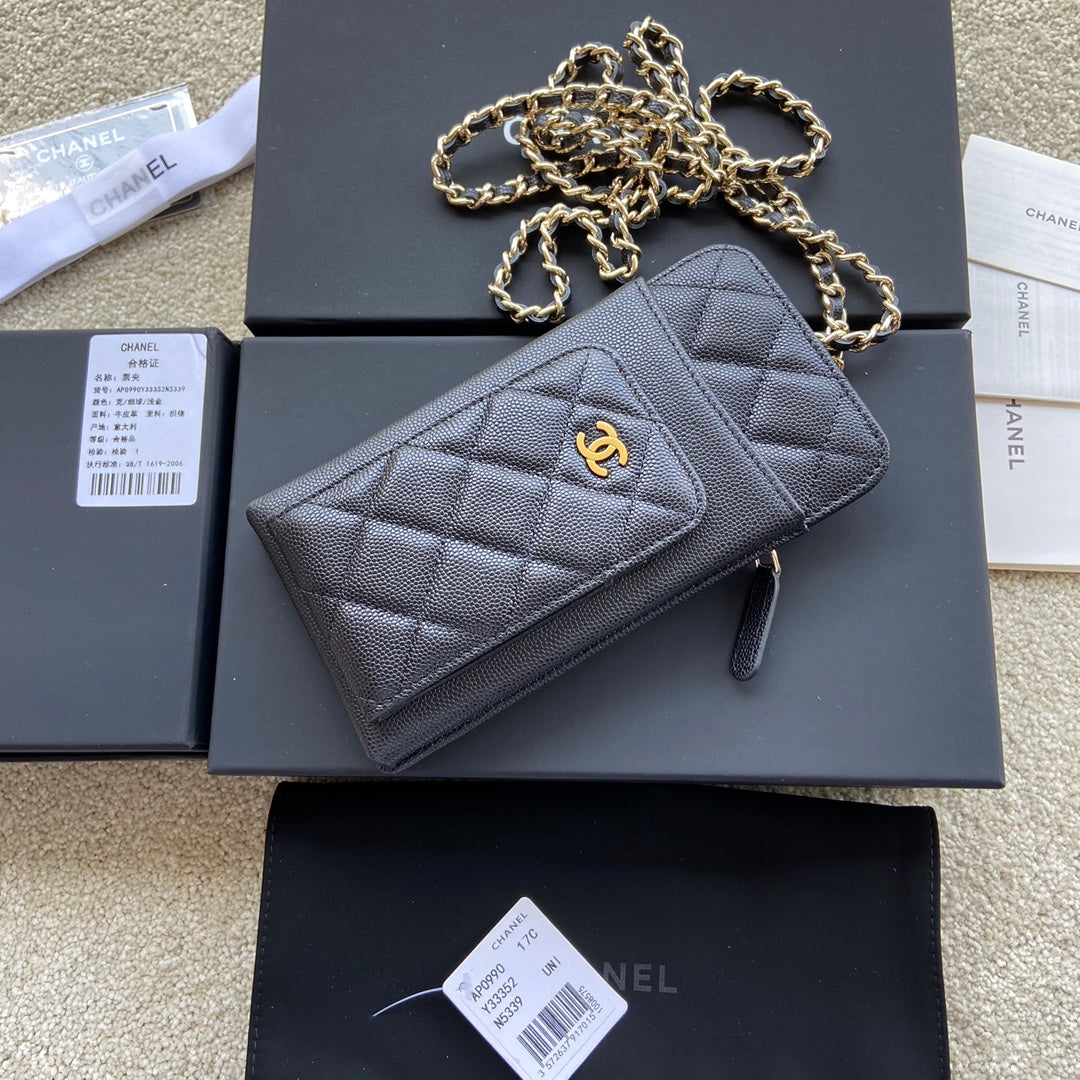 CC Compact Double Pouch Black Caviar Ghw 229641