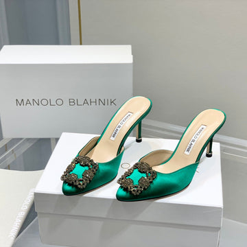 Manolo Buckle Mules 7CM Green Silk 208016