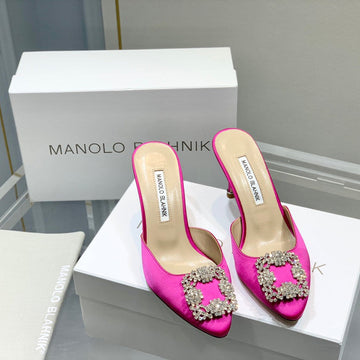 Manolo Buckle Mules 7CM Dark Pink Silk 208015