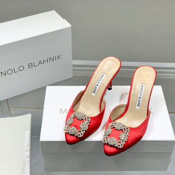 Manolo Buckle Mules 7CM Red Silk 208018