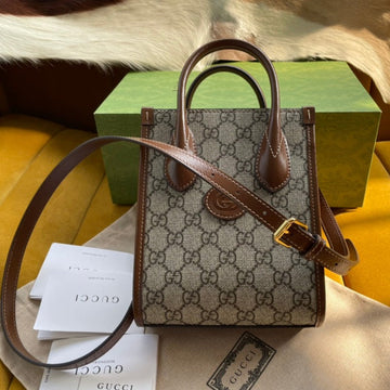 Mini Tote 20 Bag In Beige Canvas And Brown Calfskin