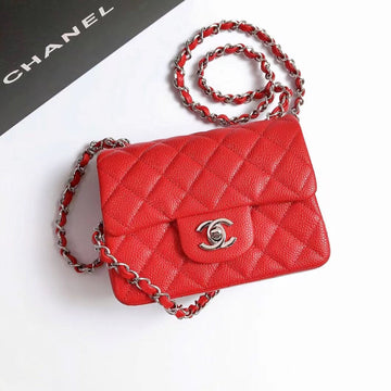Mini Square Flap Bag 17CM Red Caviar Silver Hardware