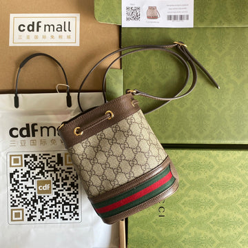 Ophidia Mini Bucket Bag 18 With Web In Beige Ebony Canvas Mix Brown Calfskin