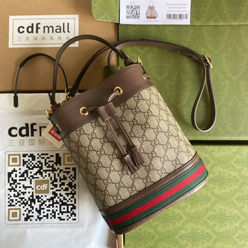 Ophidia Medium Bucket Bag 26 With Web In Beige Ebony Canvas Mix Brown Calfskin