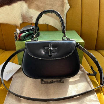 Bamboo Top Handle Bag 21 In Black Calfskin