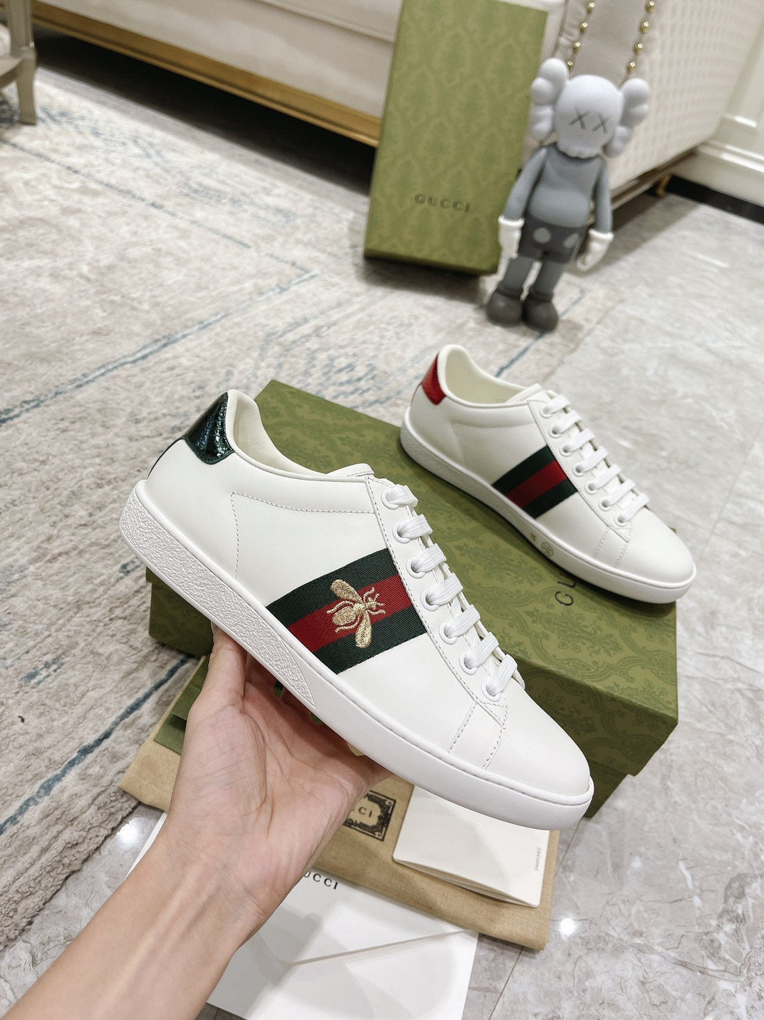 GG Ace Sneaker White Calfskin With Bee