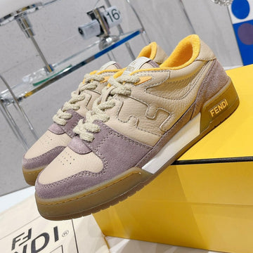 Fendi Casual Sneaker In Tan Beige Calfskin And Heather Purple Suede
