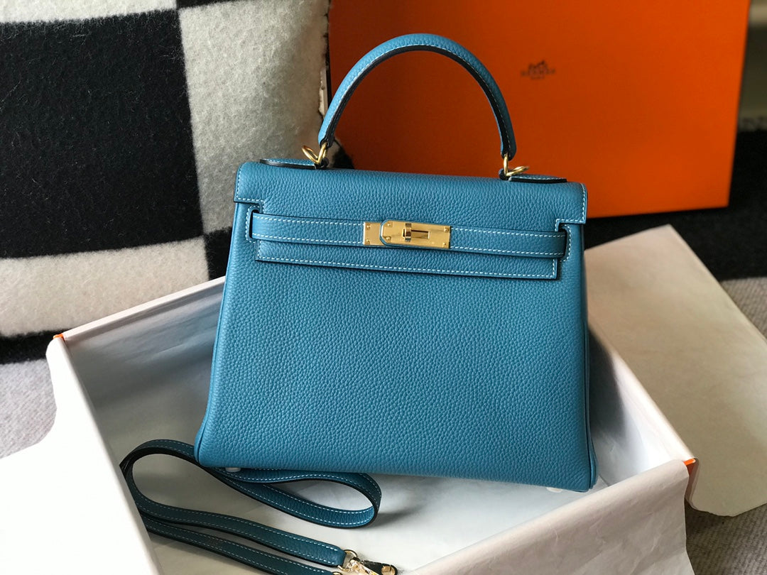 HM Kelly 32CM Bag In Cerulean Togo Gold Hardware