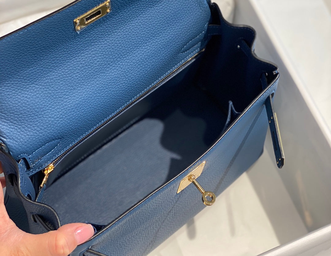 HM Kelly 32CM Blue Togo Leather Gold Hardware