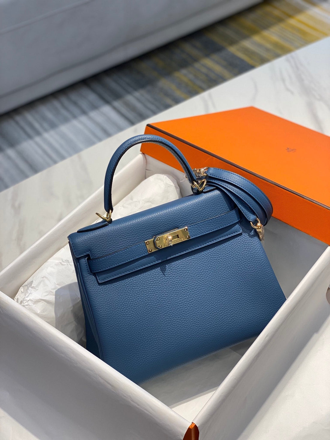 HM Kelly 32CM Bag In Navy Togo Gold Hardware