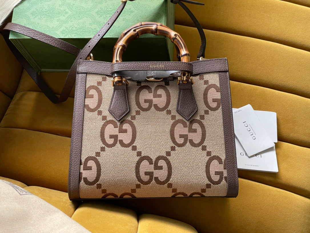 GG Diana 27 Mini Tote Bag In Beige Canvas And Brown Calfskin