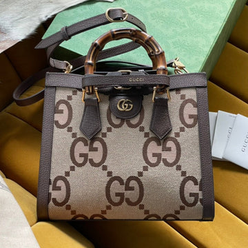 GG Diana 27 Mini Tote Bag In Beige Canvas And Brown Calfskin