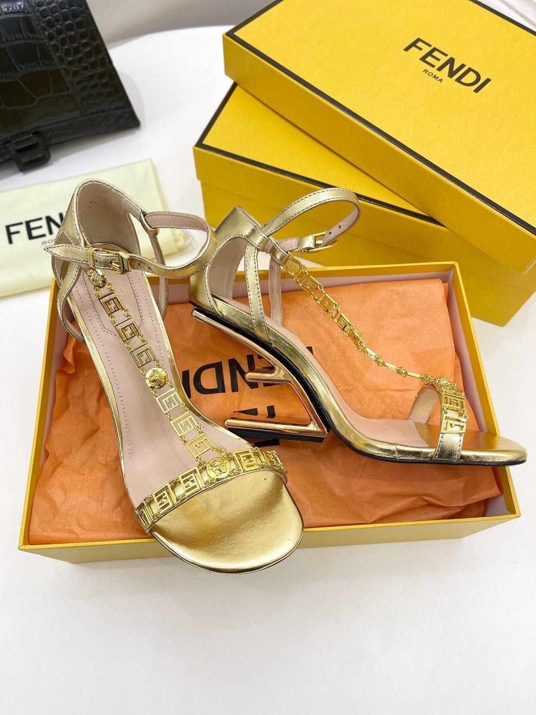 Fendi High-Heeled 85 Mm Sandals In Golden Lambskin With Gold Hardware