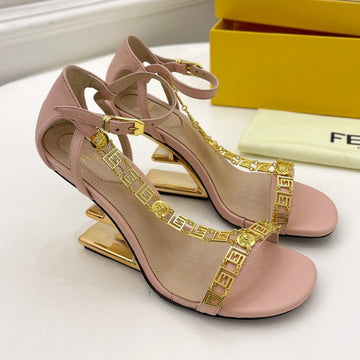 Fendi High-Heeled 85 Mm Sandals In Light Pink Lambskin With Gold Hardware