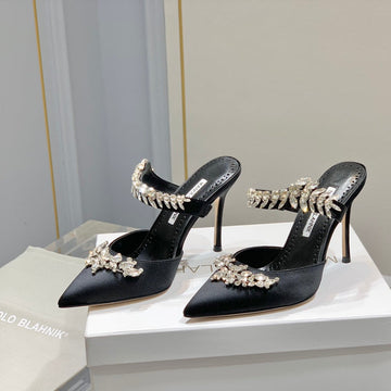 Manolo Mules Crystal Black Silk Satin 219377