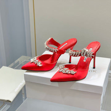 Manolo Mules Crystal Red Silk Satin 219379