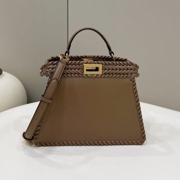 Peekaboo Iseeu 27 In Brown Smooth Calfskin With Woven Trim Gold Hardware