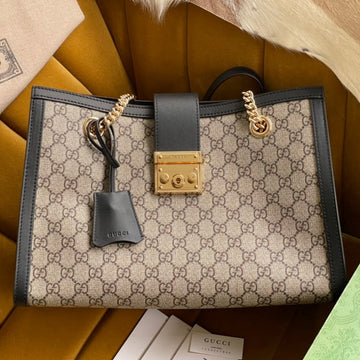 GG Padlock Large 35 Shoulder Bag Beige Canvas And Black Calfskin