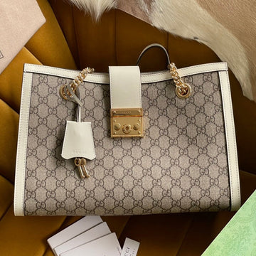 GG Padlock Large 35 Shoulder Bag Beige Canvas And White Calfskin