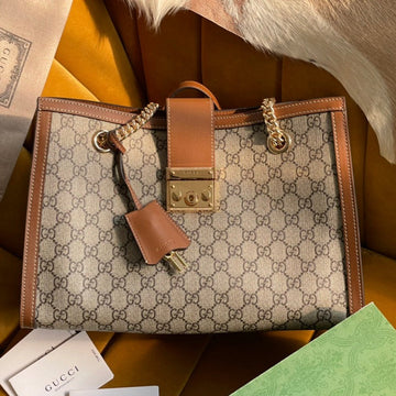 GG Padlock Large 35 Shoulder Bag Beige Canvas And Brown Calfskin
