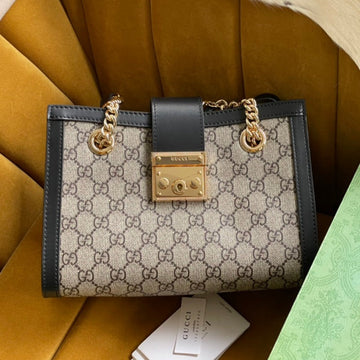 GG Padlock Medium 26 Shoulder Bag Beige Canvas And Black Calfskin