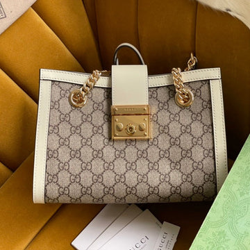 GG Padlock Medium 26 Shoulder Bag Beige Canvas And White Calfskin