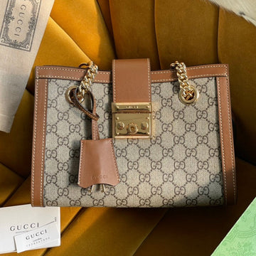 GG Padlock Medium 26 Shoulder Bag Beige Canvas And Brown Calfskin