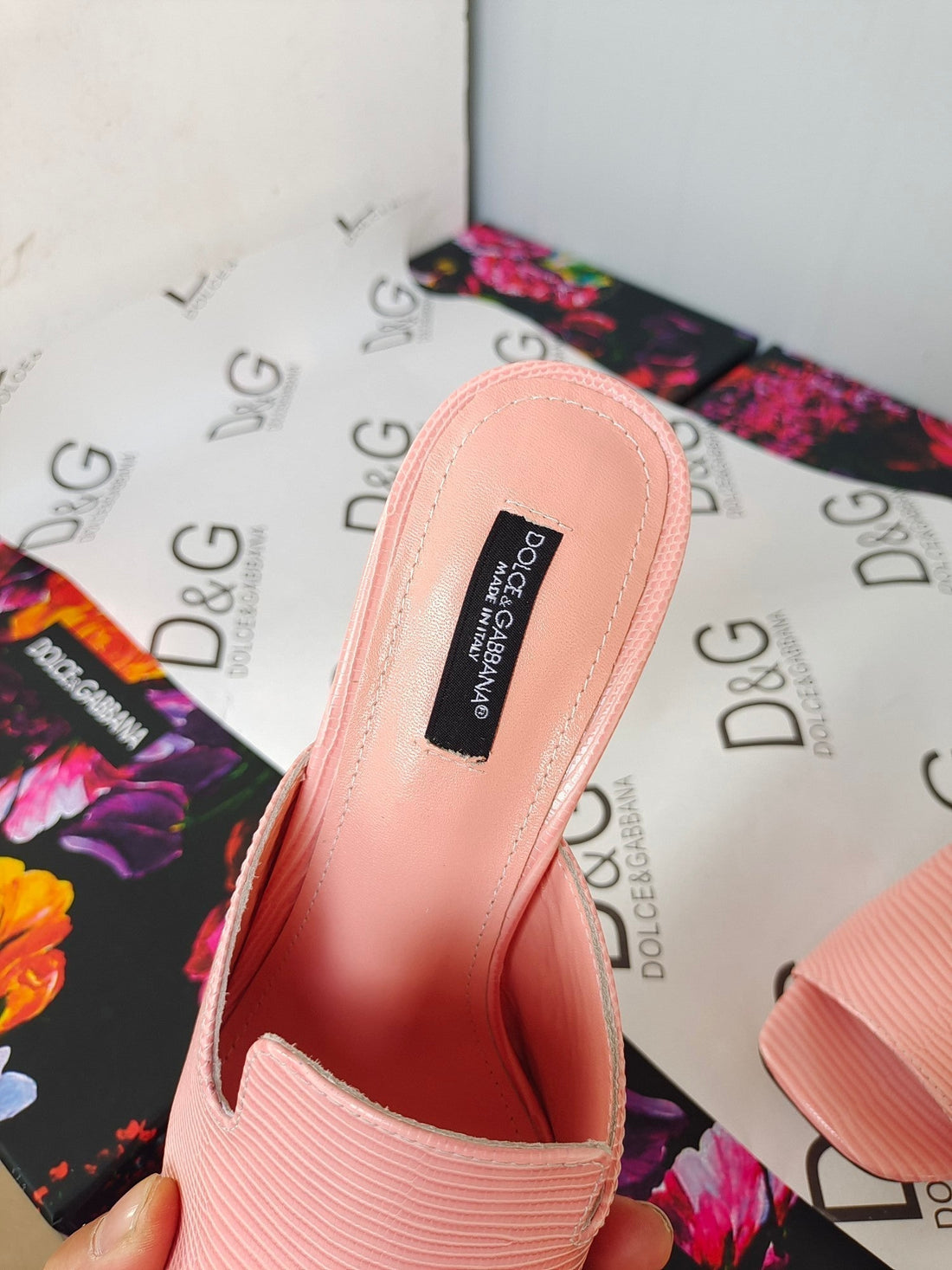 D&G Iguana Print Pastel Pink Calfskin 90 Heel