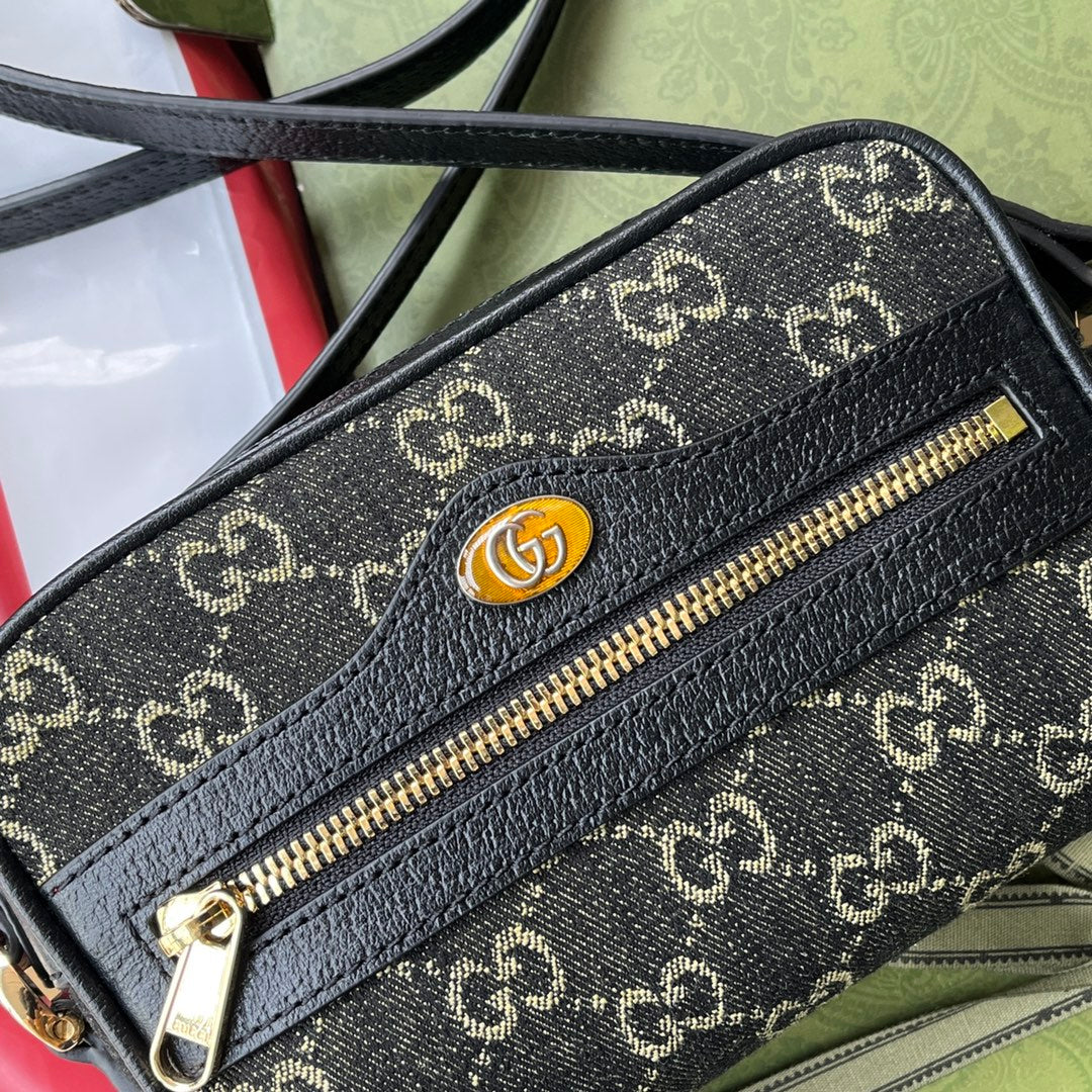 Denim Shoulder Bag 17 Black With Leather Trim