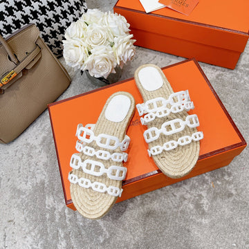 Straw Sole Slippers White Lambskin