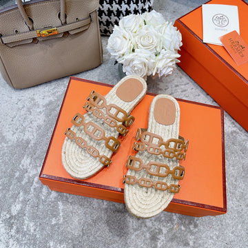 Straw Sole Slippers Tawny Lambskin