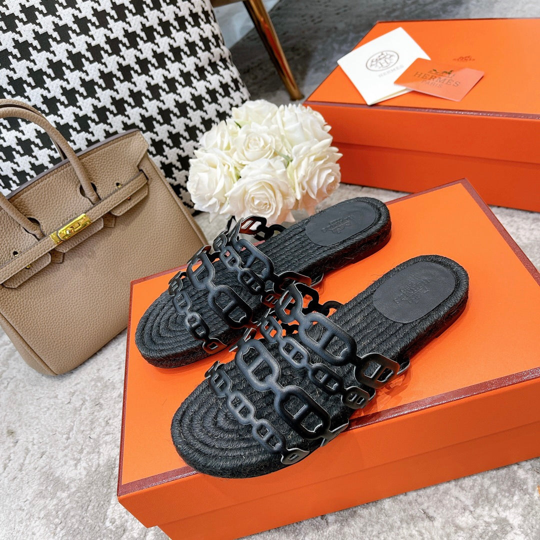 Black Straw Sole Slippers Black Lambskin