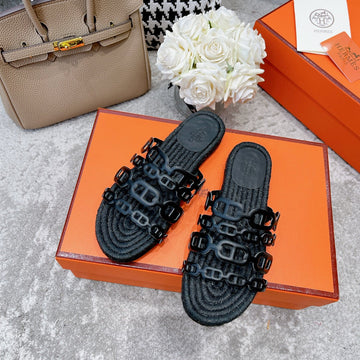 Black Straw Sole Slippers Black Lambskin