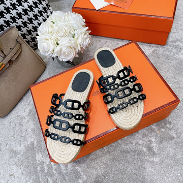 Straw Sole Slippers Black Lambskin