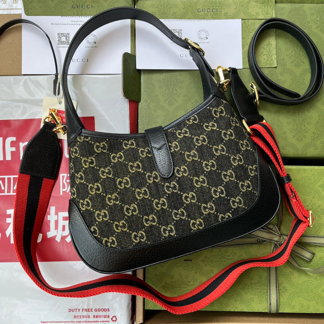 Jackie 1961 Shoulder Bag 28 In Black Yellow Denim And Black Calfskin Trim Gold Hardware