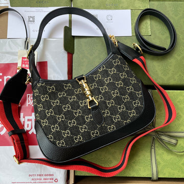 Jackie 1961 Shoulder Bag 28 In Black Yellow Denim And Black Calfskin Trim Gold Hardware