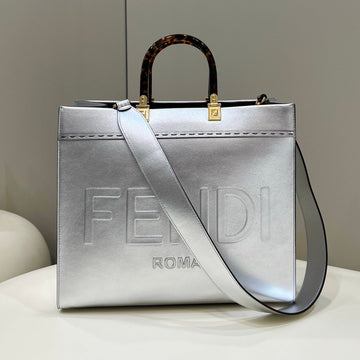 Shine Large 35 Tote In Silver Calfskin