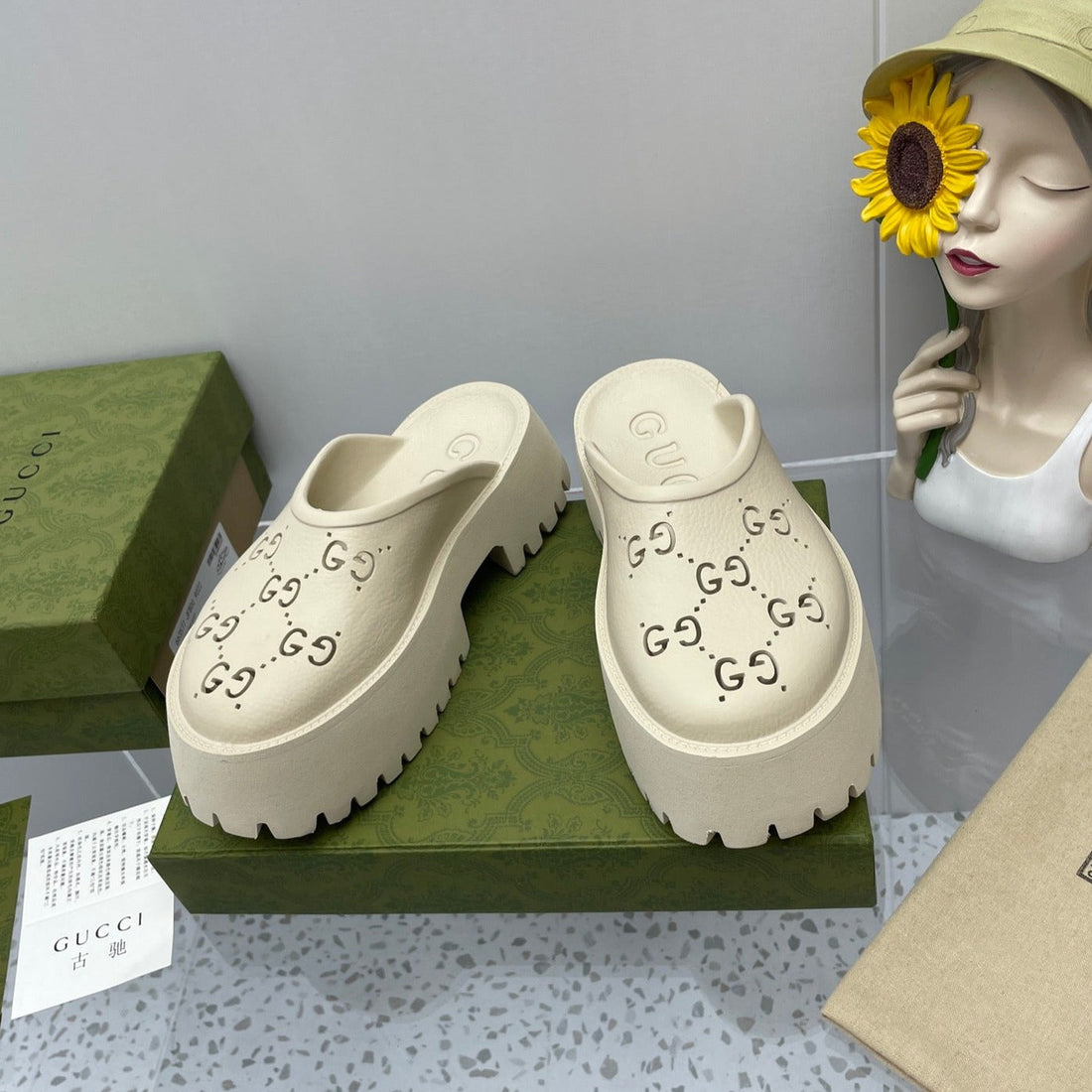 GG Platform Perforated G 55 Sandal Cream Ip Foam